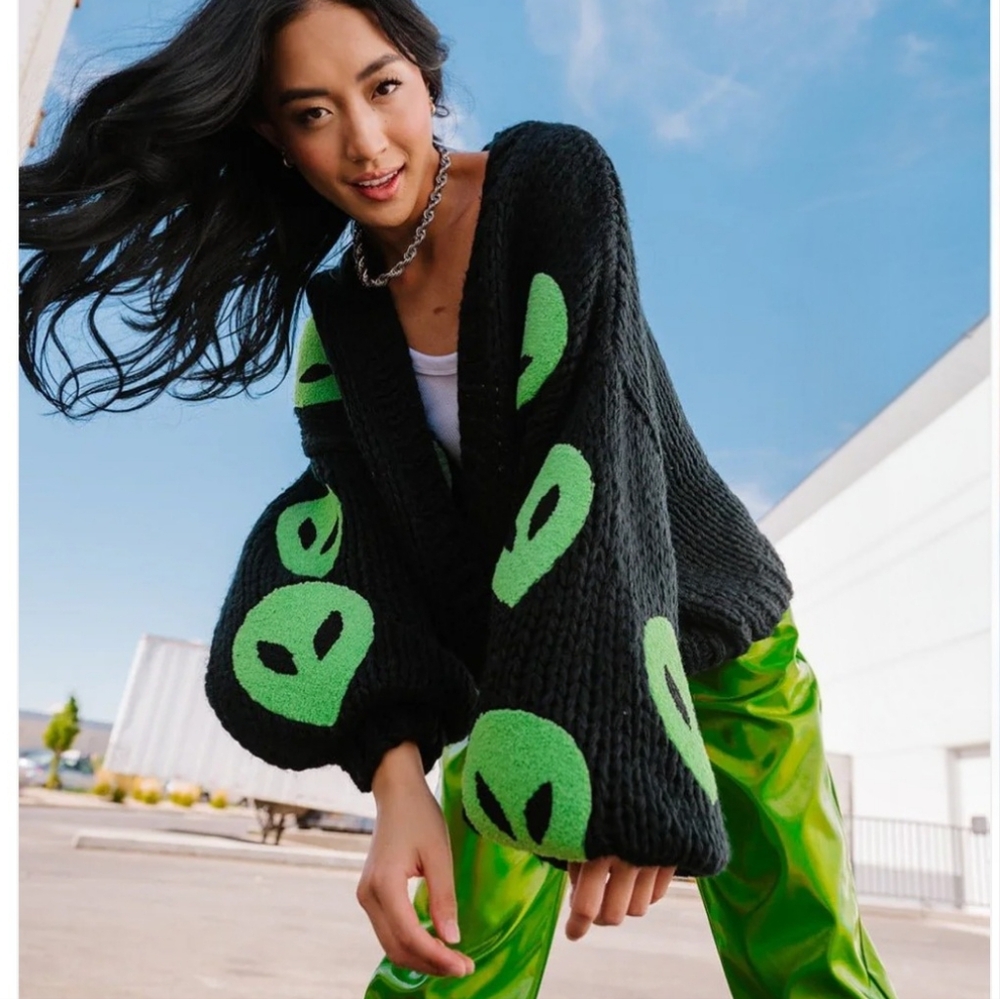 Black and Green Alien Pattern Sweater